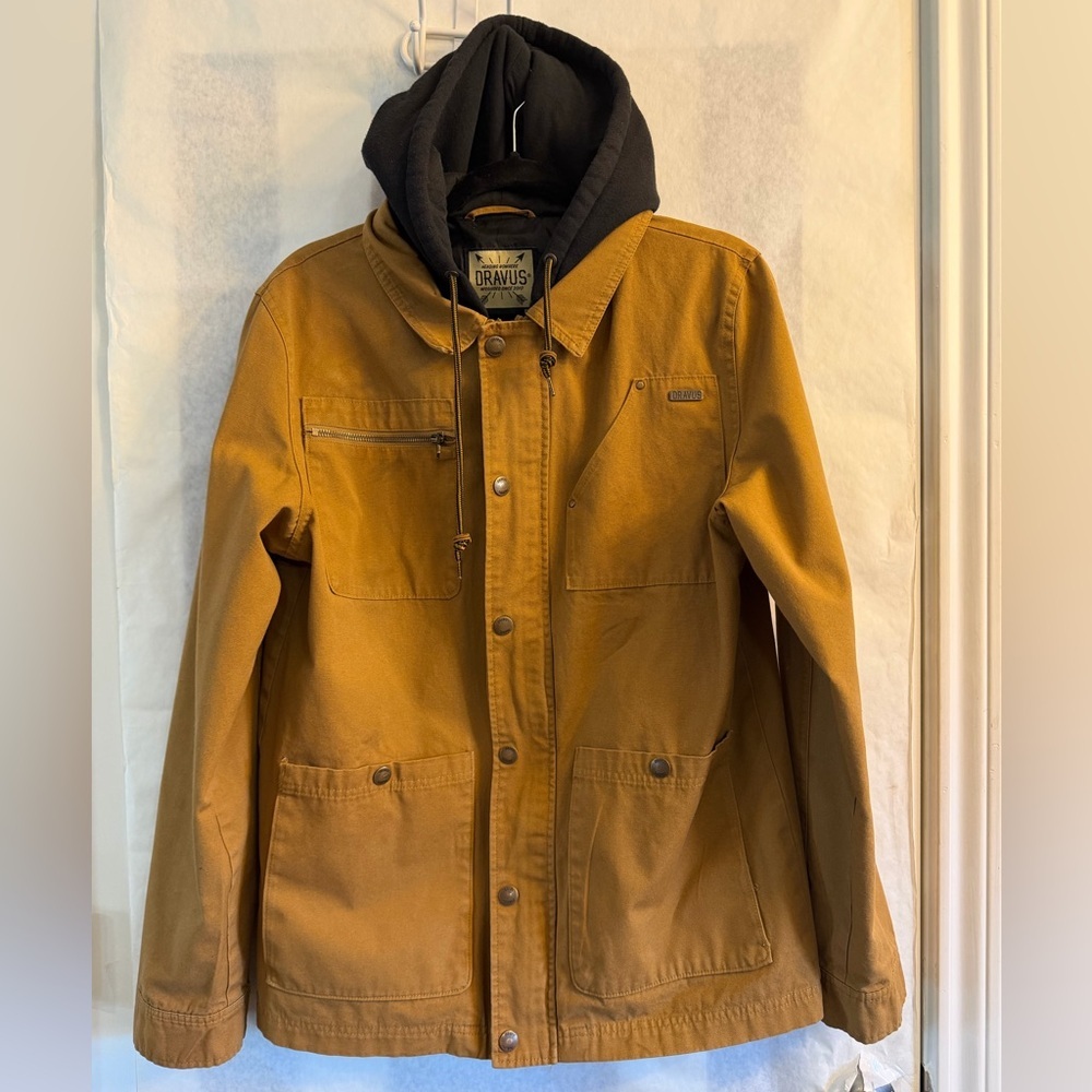 Dravus Men's Tan Utility Jacket with Hood button & zip closure Sz- M.‎ WNTR